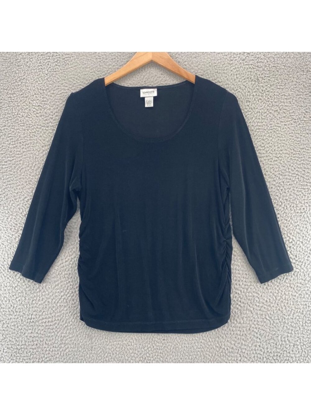 Chicos Top Womens 3 US Extra Large Black Travelers Knit 3/4 Sleeve Cinched Side